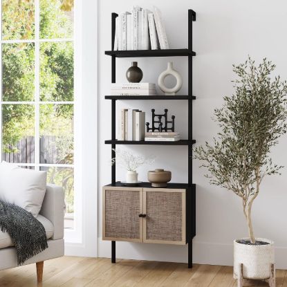 Picture of Nathan James Theo Modern Bookcase with Rattan Cabinet in Matte Black and Light Oak Finish with Matte Black Metal Frame for Living Room, Home Office Storage