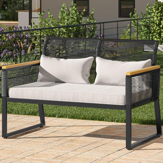 Picture of YITAHOME Patio Loveseat Wicker Outdoor Furniture, All Weather Rattan Conversation Loveseat for Backyard, Balcony and Deck with Wooden Armrest, Gray Cushions (Black)