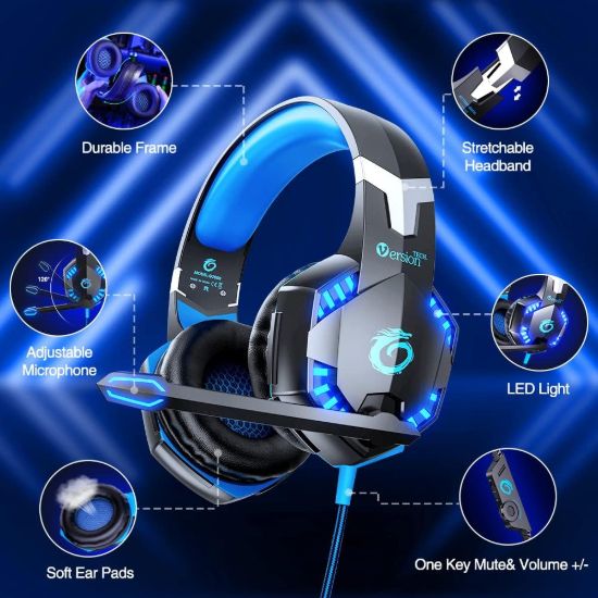 Picture of VersionTECH. G2000 Gaming Headset for PS5 PS4 Xbox One Controller,Bass Surround Noise Cancelling Mic, Over Ear Headphones with LED Lights for Mac Laptop Xbox Series X S Nintendo Switch NES PC Games