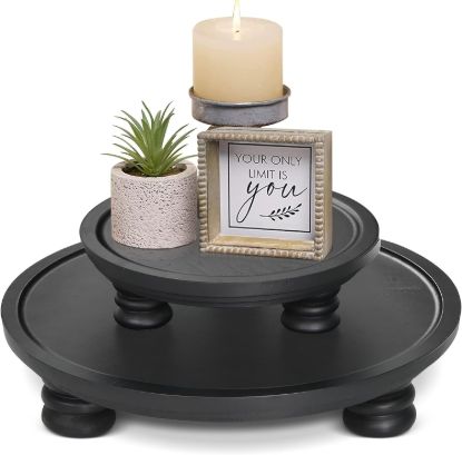 Picture of 2 Pcs Wooden Risers for Display, Round Wood Tray Decor, Farmhouse Pedestal Stand Decor for Indoor, Rustic Decorative Display Stand for Kitchen Counter Decor, Decorative Cake Holder Plate