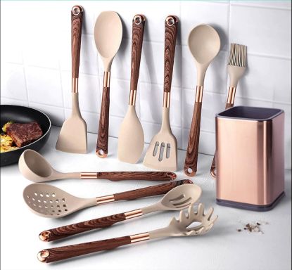 Picture of Chef Kitchen Cooking Utensils Set, Non-Stick Silicone Cooking Kitchen Utensil Set with Holder, Wooden Handle Silicone Kitchen Gadgets Utensil Set (OakWood)